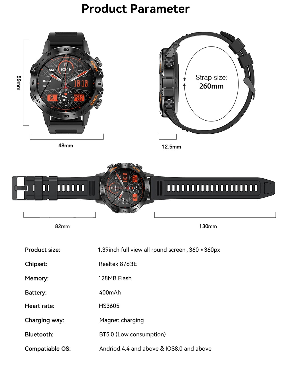 Smartwatch with dimensions and technical specifications on a white background