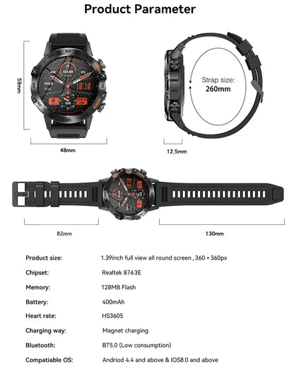 Melanda Smartwatch with dimensions and technical specifications shown on white background
