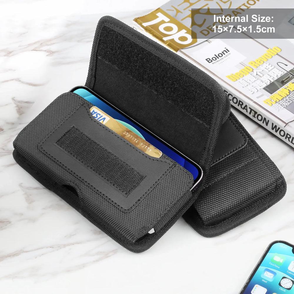 Black phone case with built-in card holder on a white surface
