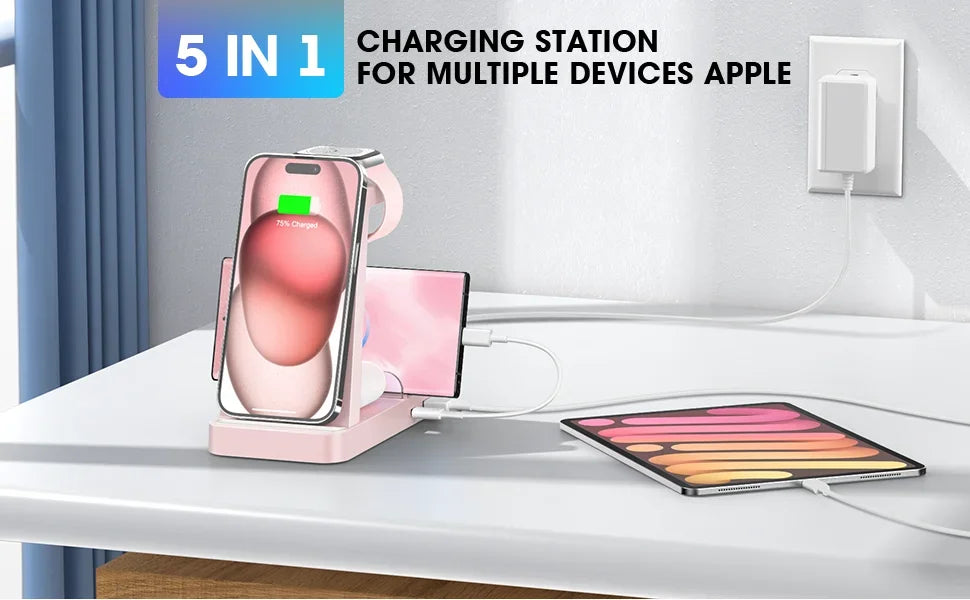 5-in-1 charging station for multiple Apple devices on a desk.