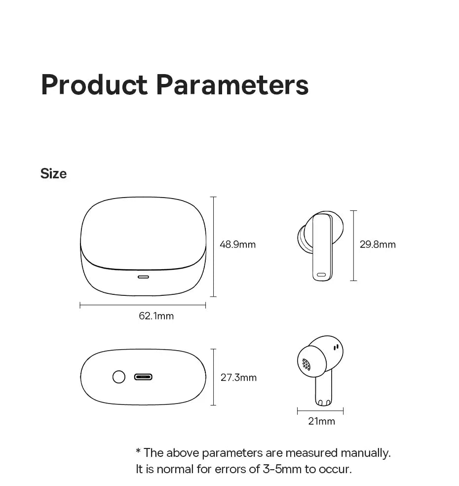 Product parameters diagram with dimensions of a wireless earbud and charging case
