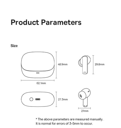 Product parameters diagram with dimensions of a wireless earbud and charging case
