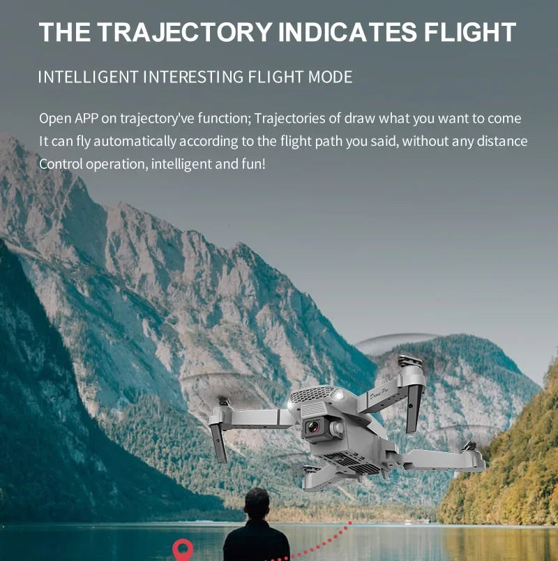 Drone flying over a scenic landscape with mountains and water, promotional text about flight mode.