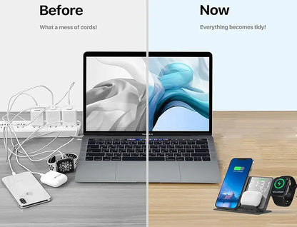 Comparison of a messy desk with tangled cords and a tidy setup with a wireless charging pad.