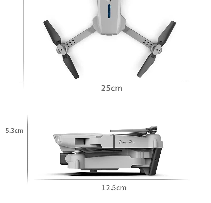 Measurement chart of a folded drone with dimensions labeled
