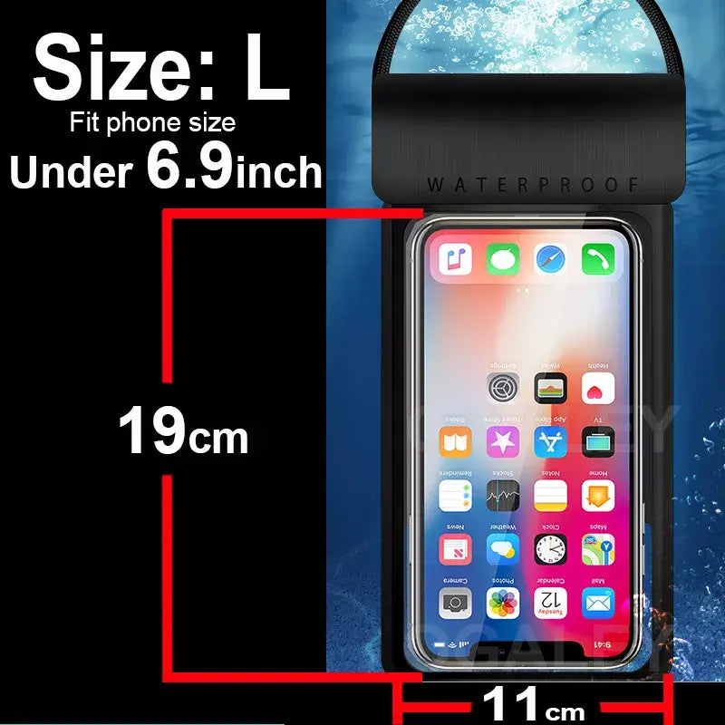 Waterproof phone case with size measurement details on a blue water droplet background
