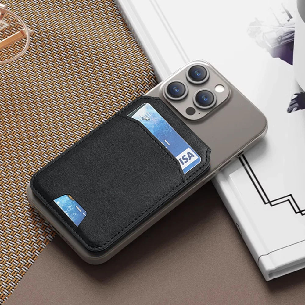 Phone case with card holder attached to a smartphone on a textured surface
