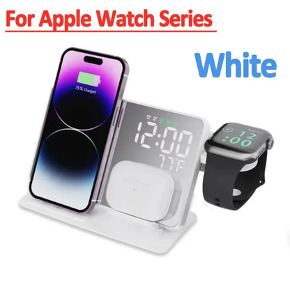 White charging station with smartphone, smartwatch, and wireless earbuds on a white background.