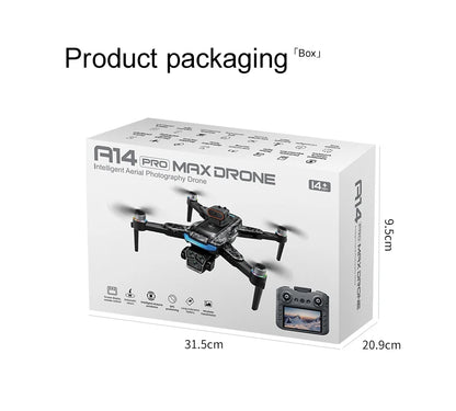 A14 Pro Max Drone packaging box with drone illustration and dimensions on a white background