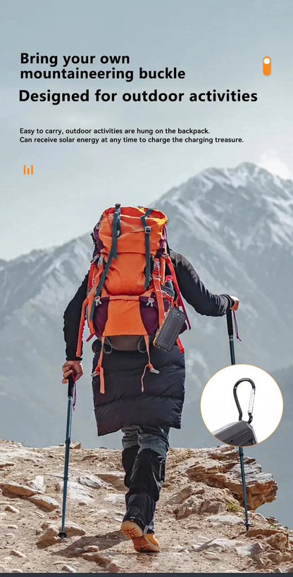 Person with a backpack and hiking poles on a mountain, with text about a mountaineering buckle.