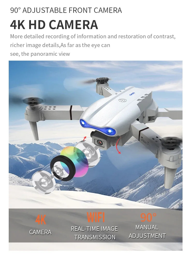 White drone with 4K HD camera and adjustable front camera on a snowy mountain background