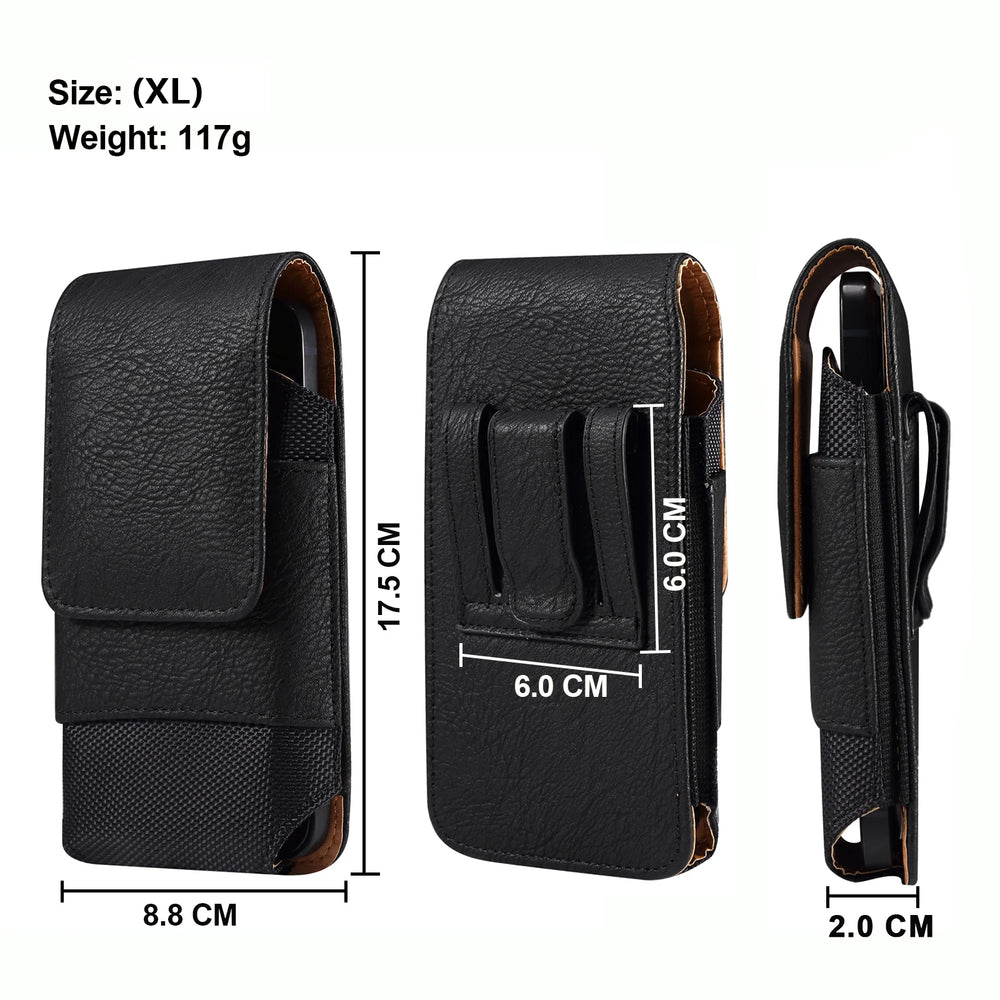 Black leather phone holster with measurements on a white background