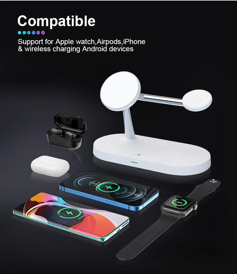 White wireless charging stand with compatible devices on a black background