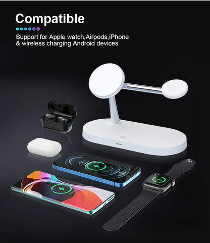 White wireless charging stand with compatible devices on a black background