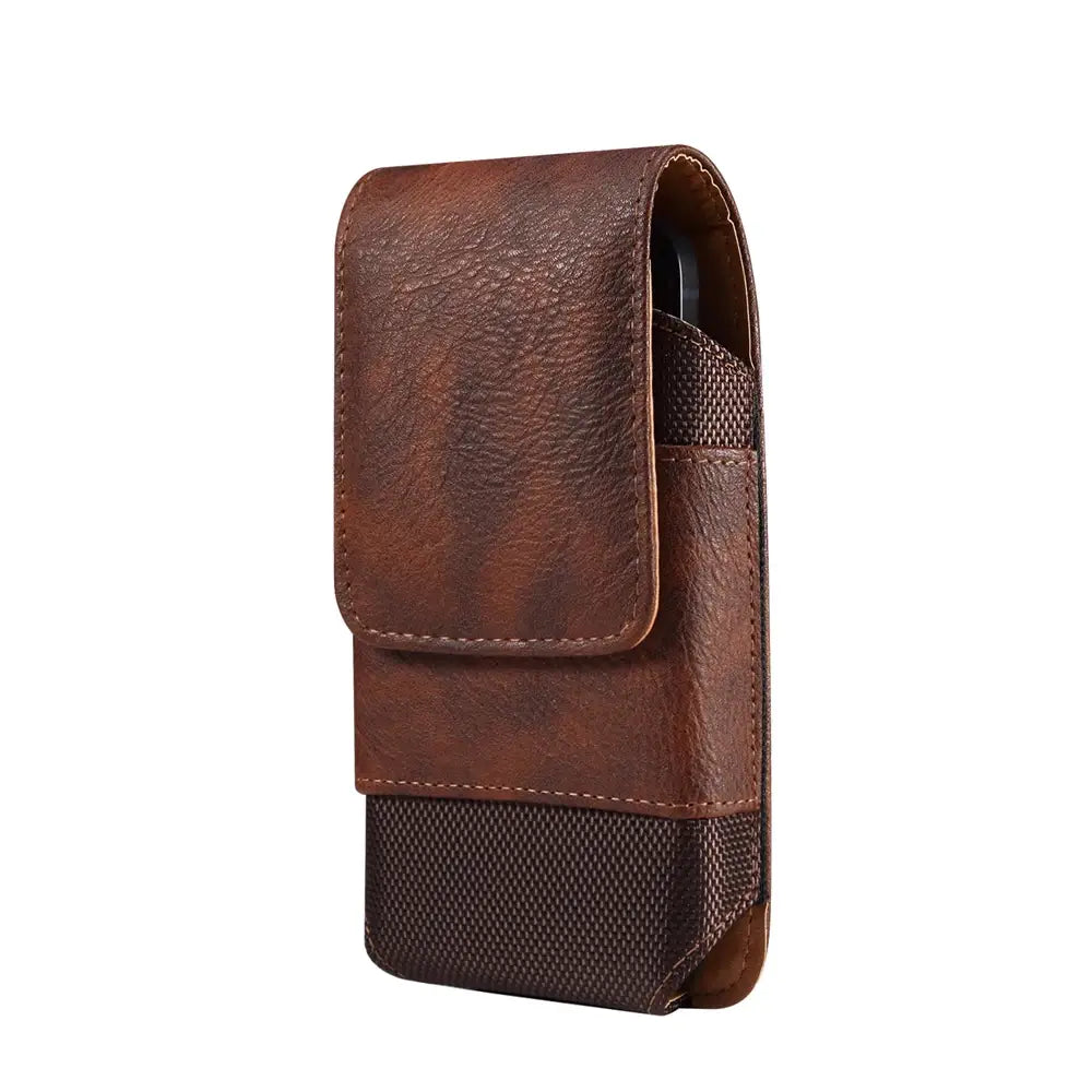Brown leather phone case with mesh pocket on a white background
