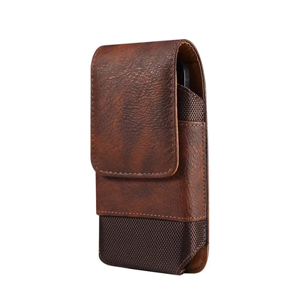 Brown leather phone case with mesh pocket on a white background
