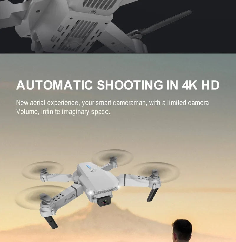 Drone with text about automatic shooting in 4K HD and a person observing it.