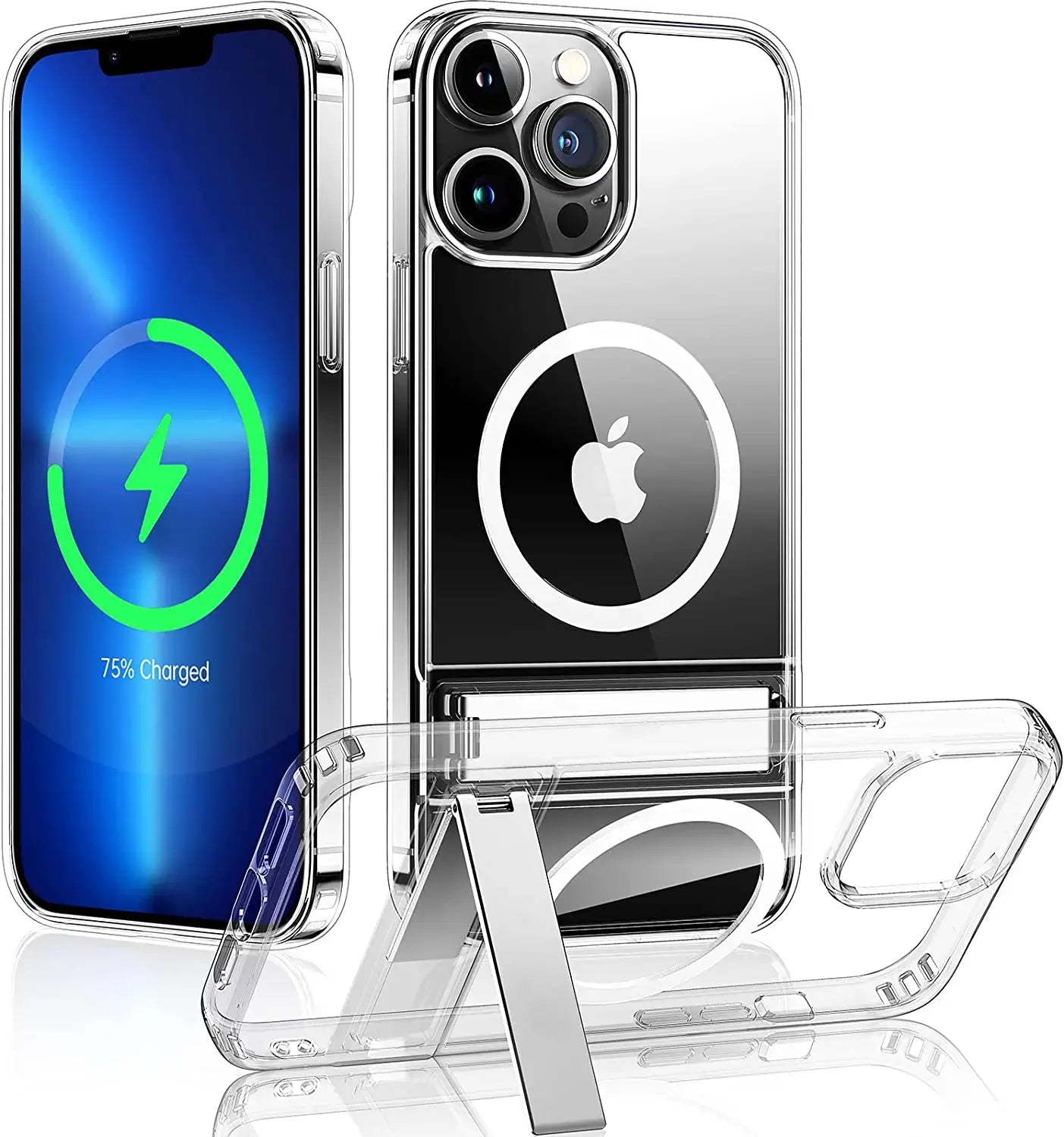 Magnetic clear phone case for iPhone with Apple logo and charging display on a white background
