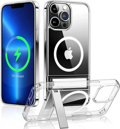 Magnetic clear phone case for iPhone with Apple logo and charging display on a white background
