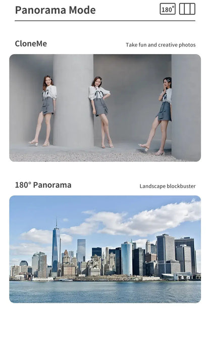 Phone app interface showing 'CloneMe' and '180° Panorama' modes with sample images.