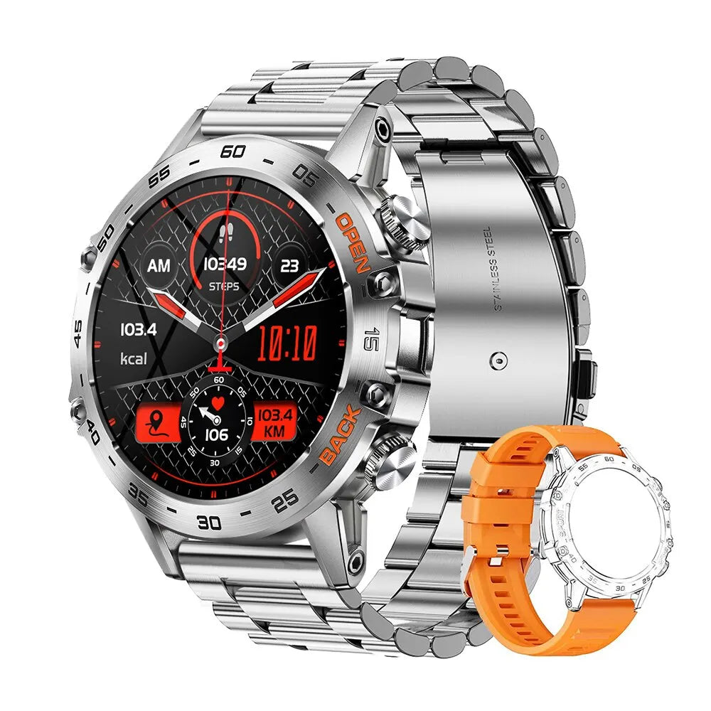 Silver smartwatch with a detailed face and orange strap on a white background