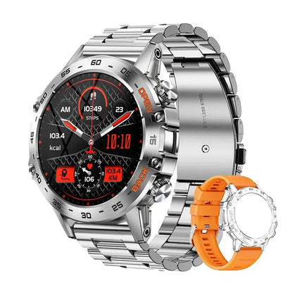 Melanda Silver Smartwatch with detailed watch face and orange strap on white background