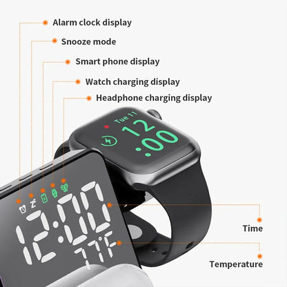 Smartwatch with digital display and charging cable, showing time and temperature.