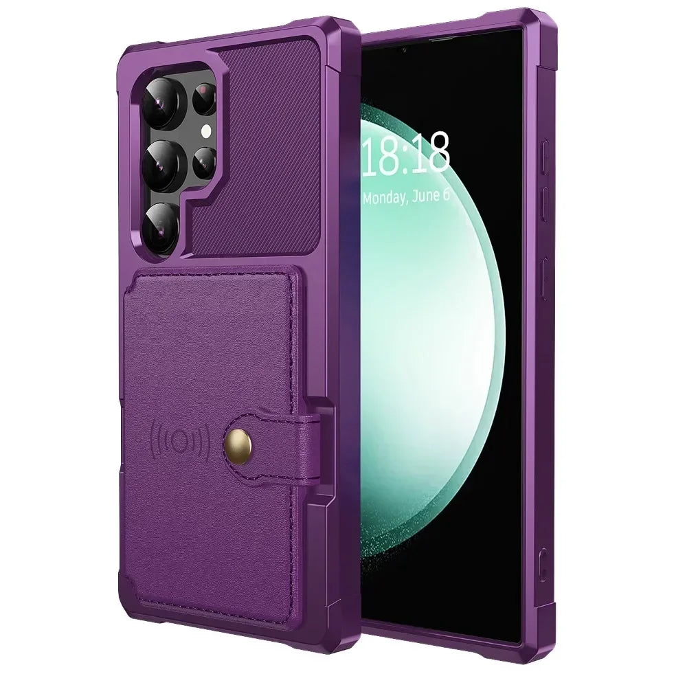 Purple phone case with card holder on a white background