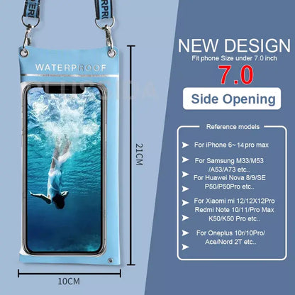 Waterproof phone case with size and design details on a blue background

