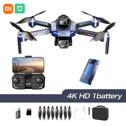 Drone with accessories including a remote control, battery, and case on a white background.