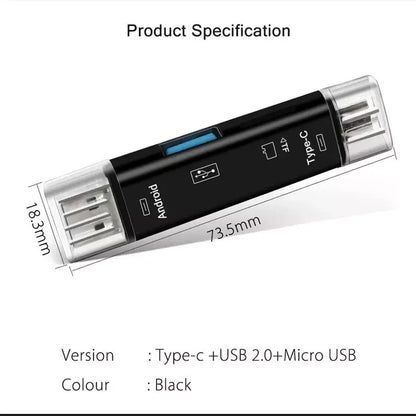 Black multi-port adapter with specifications on a white background
