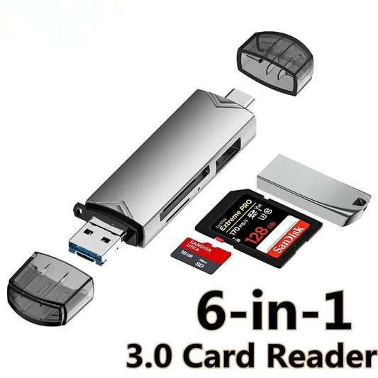 6-in-1 USB 3.0 card reader with SD and microSD cards on a white background
