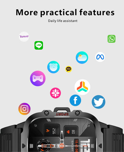 Smartwatch with app icons displayed on a gray background