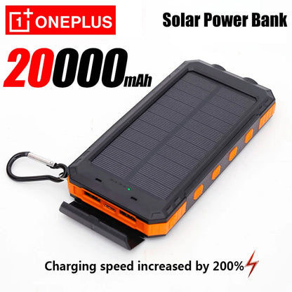 Solar power bank with OnePlus branding and 20000mAh capacity on a white background