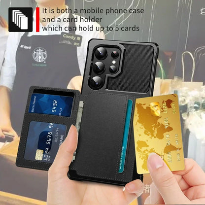 Black phone case with card holder feature, showing cards inside and held by a person.
