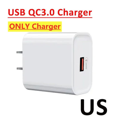 White USB QC3.0 charger with text indicating it is a 'ONLY Charger' and 'US' version.