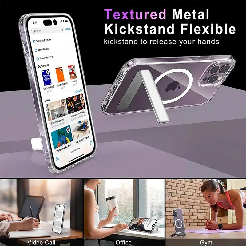 alt="Magnetic clear phone case with built-in kickstand feature for iPhone – MagSafe compatible, shown in use on a table"
