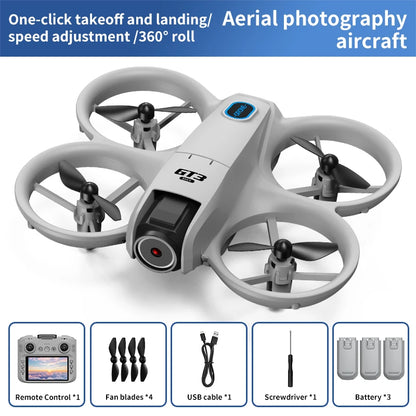 Gray drone with propellers on a white background, featuring text about features and accessories.