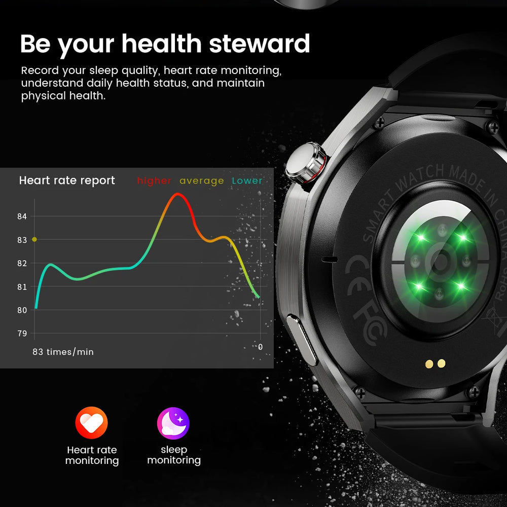 Smartwatch with heart rate monitoring display on a black background
