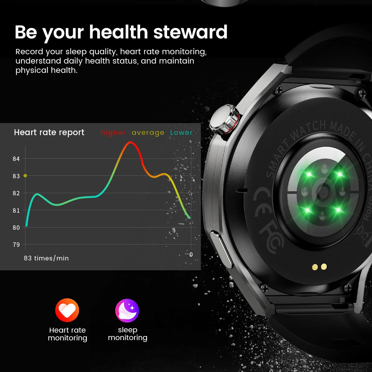 Smartwatch with heart rate monitoring display on a black background