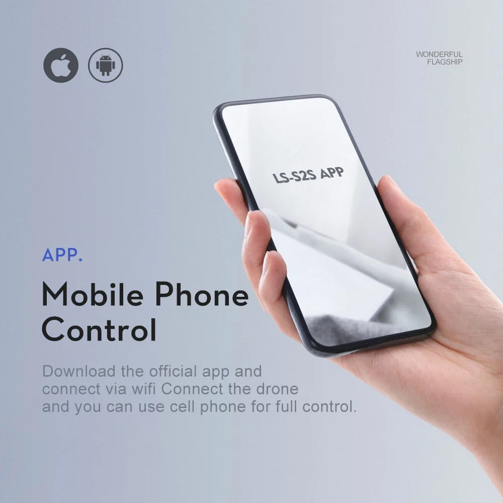 Hand holding a smartphone with app interface, featuring Apple and Android logos on a light gray background.