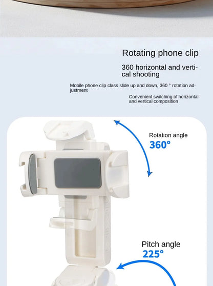 White rotating phone clip with text describing its features on a light blue background