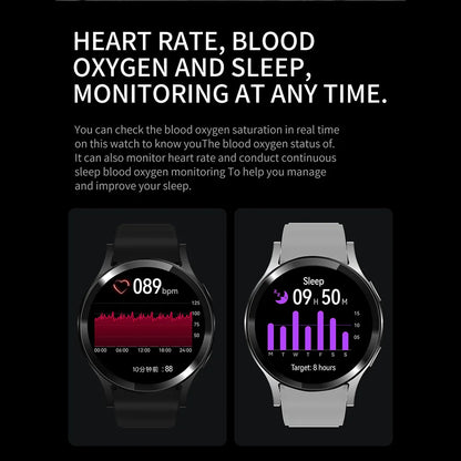 Smartwatch with heart rate, blood oxygen, and sleep monitoring features on a black background.