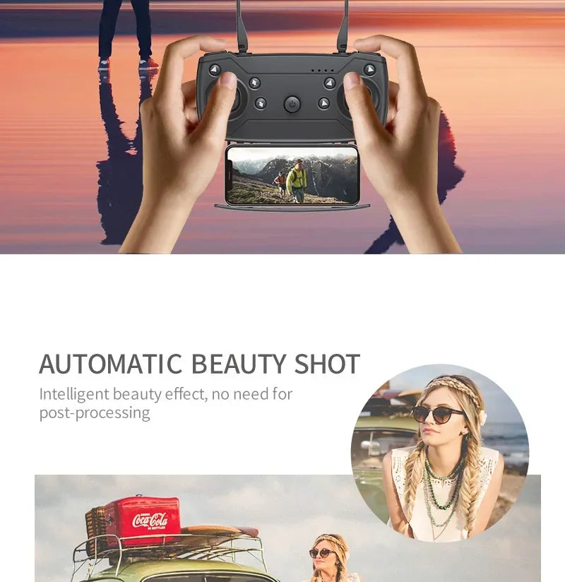 Hands holding a smartphone with a camera app open, showing a scenic view. Below, there's text about an automatic beauty shot feature and a lifestyle image of a woman.