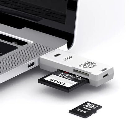 SD card reader with Sony and Kingston SD cards on a white background
