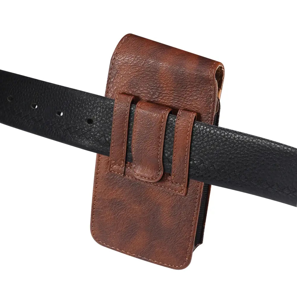 Brown leather belt pouch attached to a black belt on a white background
