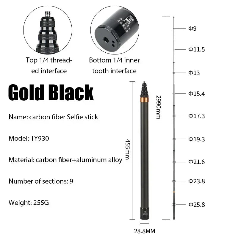 Carbon fiber selfie stick with specifications on a white background