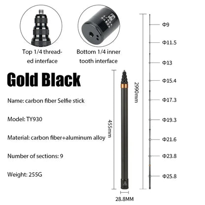 Carbon fiber selfie stick with specifications on a white background