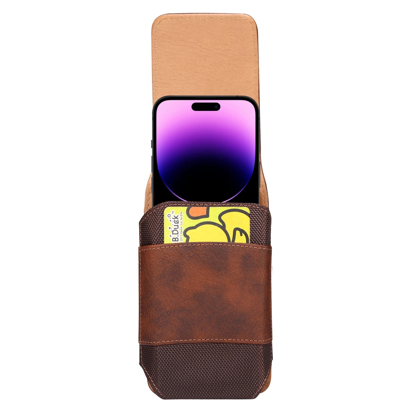 Brown phone case with a phone inside on a white background