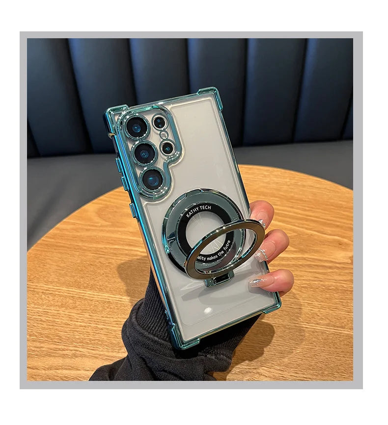 Phone case with camera lens protector held by a hand on a wooden surface